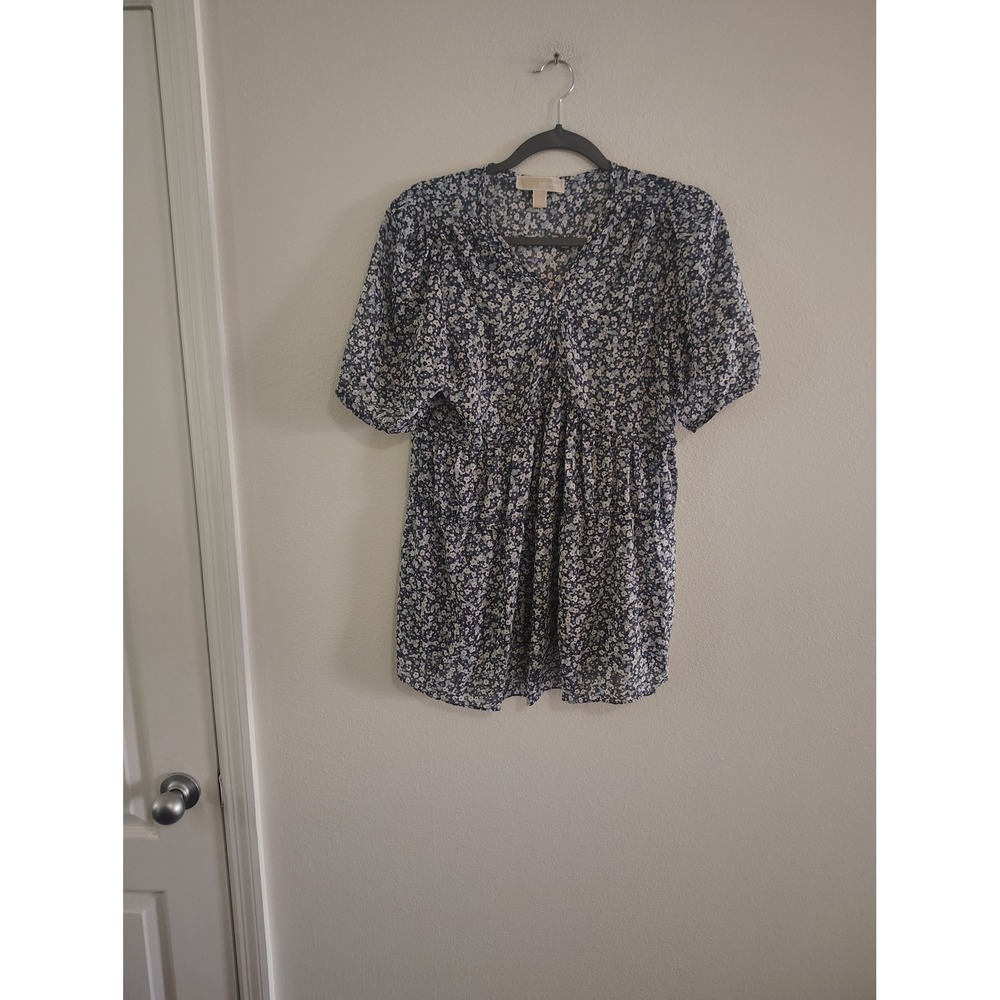 Michael Michael Kors Blue Floral Babydoll Blouse V-Neck Short Sleeve Top Large